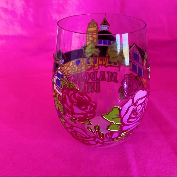 Madonna Inn Stemless Wine Vino Glass Cup Pink Gold Roses Hotel California Champ - Picture 9 of 10
